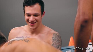 interracial gay threesome anal sex in locker room